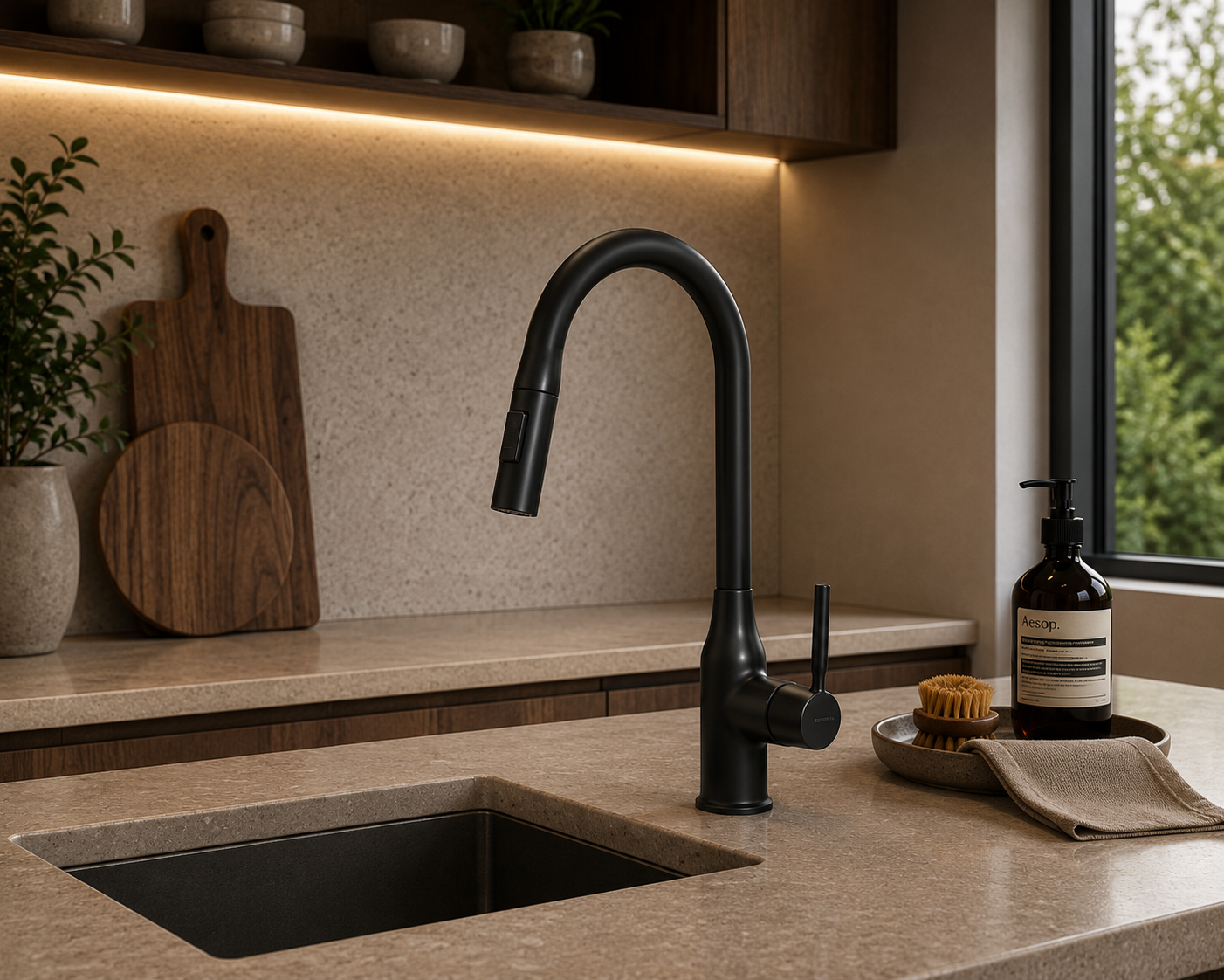 Grifo monomando para fregadero Rubí con cuello extensible en acero inoxidable negro - Doble temperatura