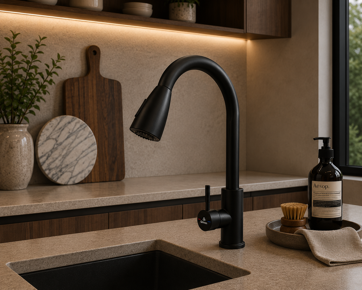 Grifo monomando para fregadero con cuello extensible en acero inoxidable negro - Doble temperatura